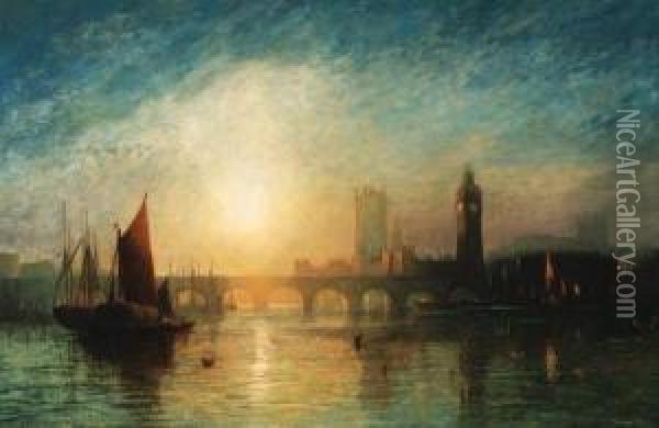 View Of Westminster Bridge And 
The Houses Of Parliament, With A Haybarge And Other Shipping In The 
Foreground Oil Painting - Francis Danby