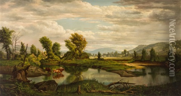 Cows Watering At A Stream Oil Painting - Levi Wells Prentice