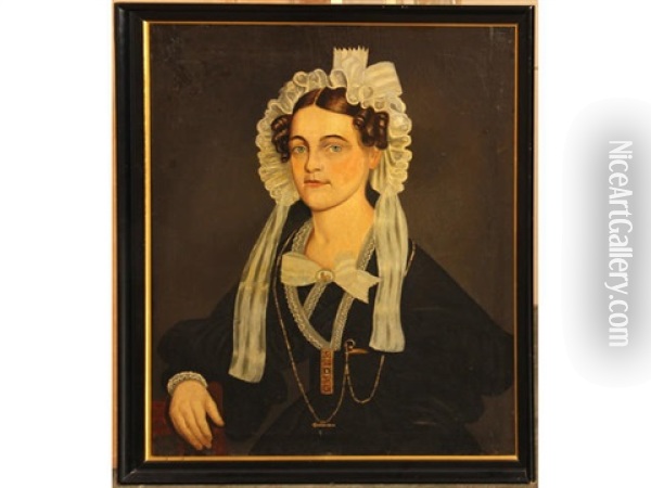 A Portrait Of A Woman Wearing A Lace Bonnet With Bow Oil Painting - Alexander Hamilton Emmons