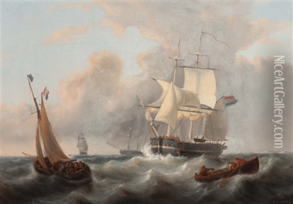 Dutch Ships On Choppy Waters Oil Painting - George Willem Opdenhoff