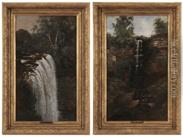 Pair Of Landscapes: Minnehaha Falls Oil Painting - Joseph Rusling Meeker