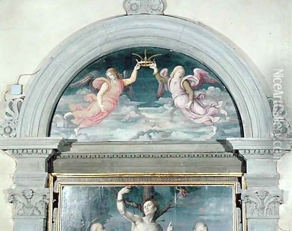 SS. Benedict, Dominic and Sebastian 2 Oil Painting - Francesco Ubertini Bacchiacca II