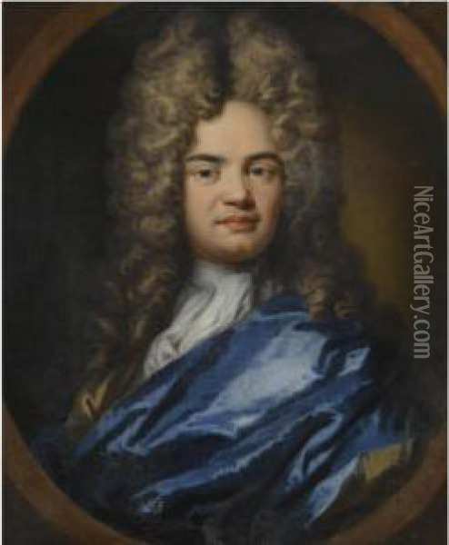 Portrait Of A Gentleman, Head And Shoulders, Wearing A Blue Silksash Oil Painting - Francois de Troy