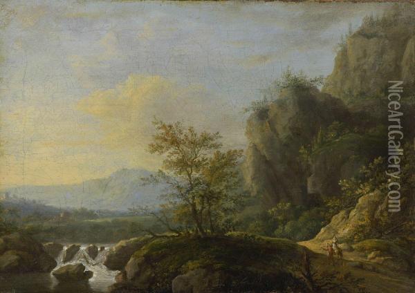 Felsige Flusslandschaft Mit Ziehendem Bauernpaar Oil Painting - Johann Jakob Ii Dorner