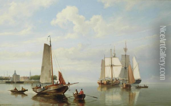 Ships On The Zuiderzee With A View Of Enkhuizen With The Drommedaris And The Zuiderkerk Oil Painting - Johannes Hermann Barend Koekkoek