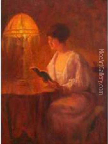 Elegante Lisant Pres D'une Lampe. Oil Painting - Albert Joseph Penot