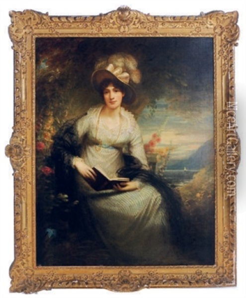 Portrait Of Charlotte Lady Bernard, Holding A Book, With A Coastal Landscape Beyond Oil Painting - Sir William Beechey