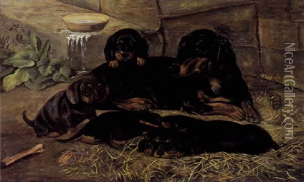 Gravhund Med Sine Hvalpe Oil Painting - Otto Haslund