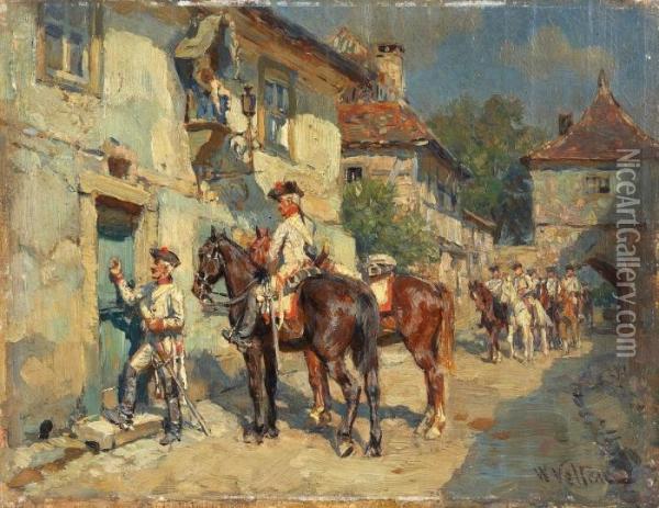 Kavalleristen Auf Einer Dorfstrasse Oil Painting - Wilhelm Velten