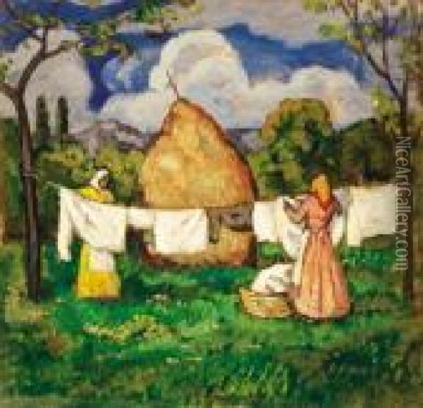 Drying Clothes, About 1910 Oil Painting - Bela Ivanyi Grunwald