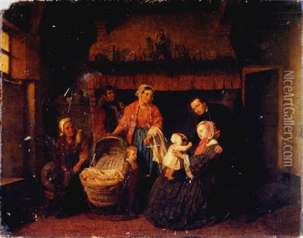 Admiring The Baby Oil Painting - Napoleon Francois Ghesquiere