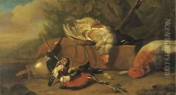 Dead game birds near a powder flask in a wooded clearing Oil Painting - Jan Weenix
