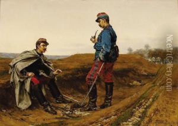 Soldiers Talking Round A Campfire Oil Painting - Etienne Prosper Berne-Bellecour