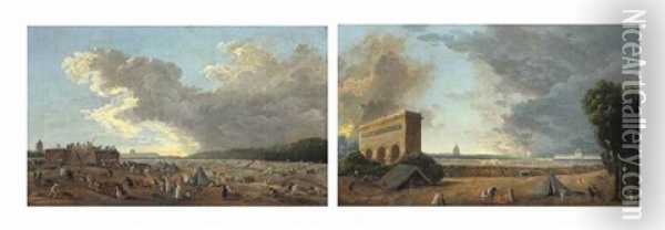 The Preparations For The Festival Of The National Federation On The Champ De Mars, Or The 'day Of The Wheelbarrows'; And The Celebration Of The Festival Of The National Federation On The Champ De Mars (pair) Oil Painting - Hubert Robert