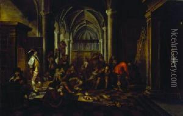 Soldiers And Followers Encamped In A Church Oil Painting - Jacob Duck