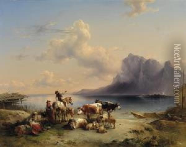 Herders And Cattle On Attersee Oil Painting - Friedrich Gauermann