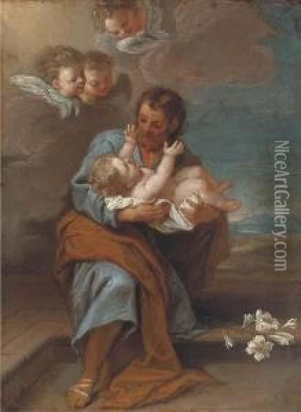 Saint Joseph And The Infant Christ With Cherubim Oil Painting - Cirlce Of Filippo Lauri