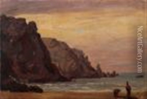 Figures On A Shore On The Island Of Jersey Oil Painting - Philip John Ouless