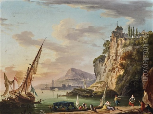 Southern Harbour Scene (genoa?) Oil Painting - Charles Francois Lacroix