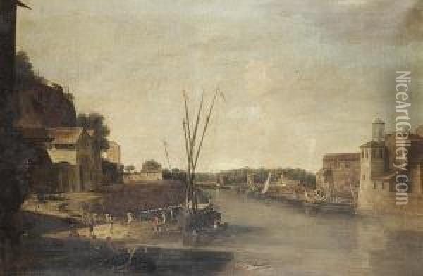 A River Landscape With Stevedores Unloading A Barge Oil Painting - Filippo D Angeli