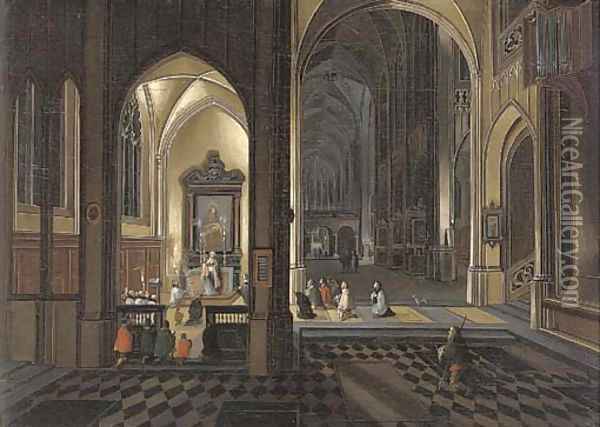 The interior of a Gothic Cathedral by night Oil Painting - Peeter, the Younger Neeffs