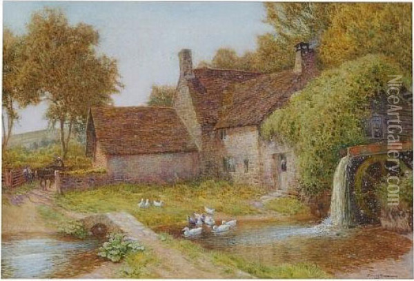 Maid Feeding Doves Before A Thatched Cottage; And Another, An Old Watermill, With Ducks Oil Painting - Arthur Claude Strachan