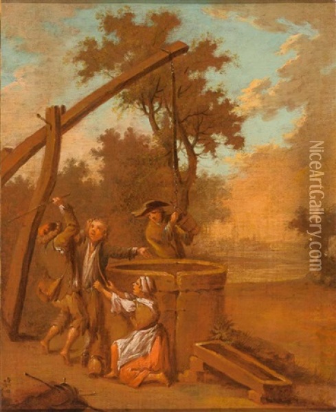 Paar Gemalde: Strasenmusikanten Vor Kate - Figurenszene Am Brunnen Oil Painting - Johann Conrad Seekatz