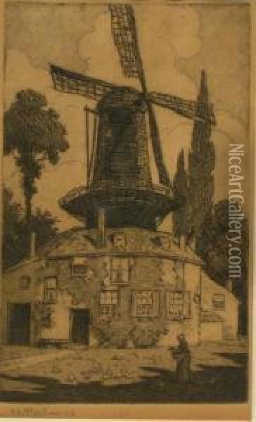 Untitled - Dutch Windmill Oil Painting - Charles Nuttall