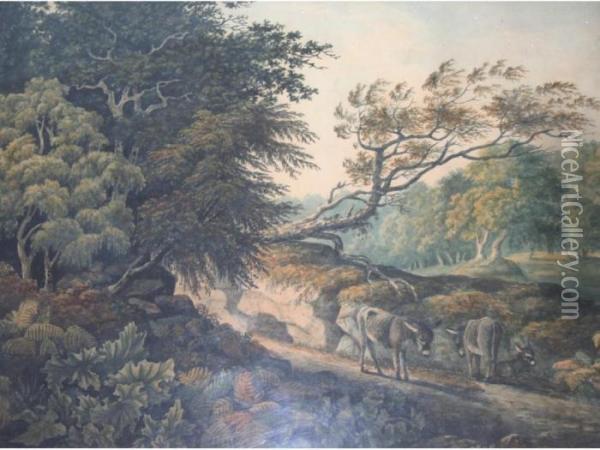 Donkeys On A Wooded Path Oil Painting - John Warwick Smith