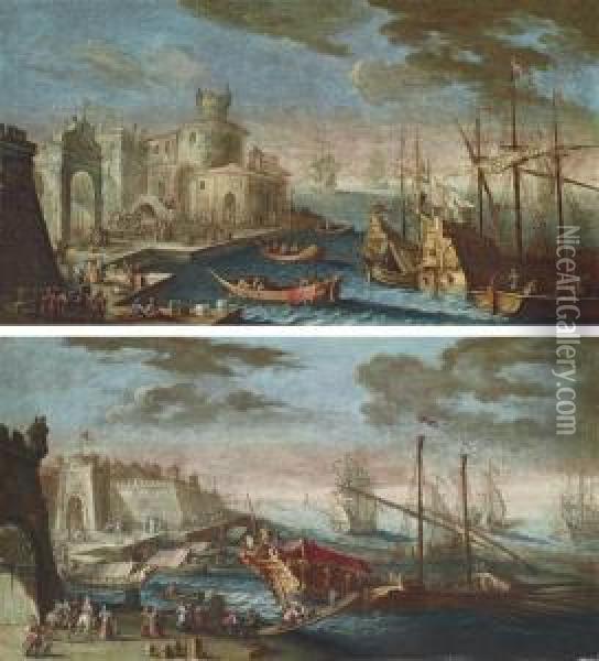 A Mediterranean Harbour With 
Stevedores And Other Figures On The Quay; And A Mediterranean Harbour 
With Figures On The Quay Oil Painting - Gherardo Poli