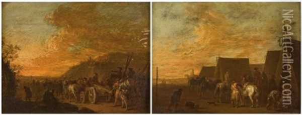 Le Convoi Militaire Au Soleil Couchant (+ Le Campement Militaire Au Soleil Levant; Pair) Oil Painting - Johann Conrad Seekatz
