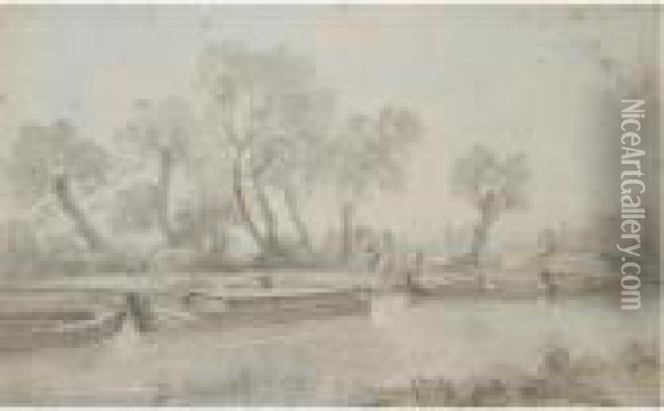 Barges On The River Stour At Flatford, Suffolk Oil Painting - John Constable