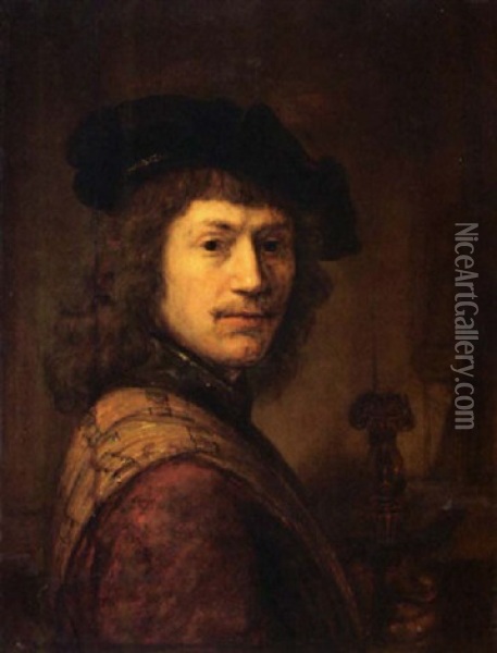 A Portrait Of A Man Wearing A Red Coat With A Yellow Shawl And Black Beret And Holding A Sword In His Left Hand Oil Painting -  Rembrandt van Rijn