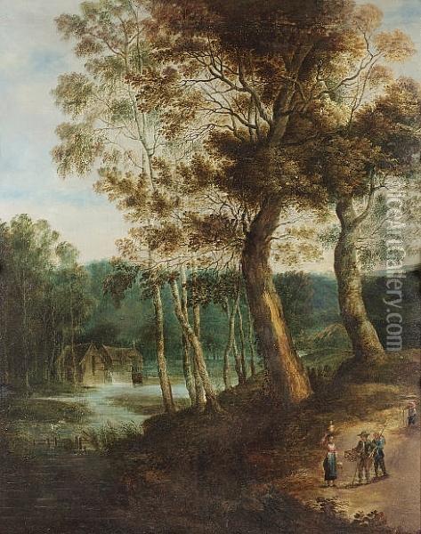 A Wooded River Landscape With Figures On A Track Oil Painting - Lucas Van Uden