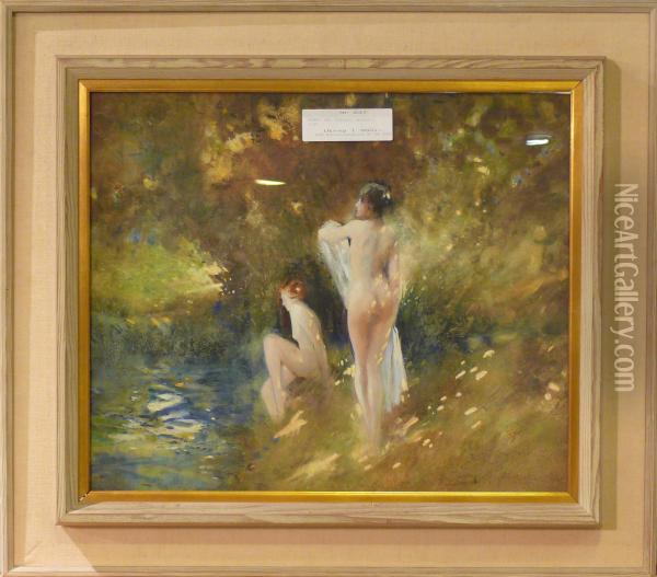 Tva Damer Vid Vattenbryn. Oil Painting - Hal Hurst