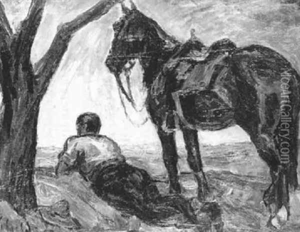 Rastender Reiter Mit Pferd Oil Painting - Karl Scheld