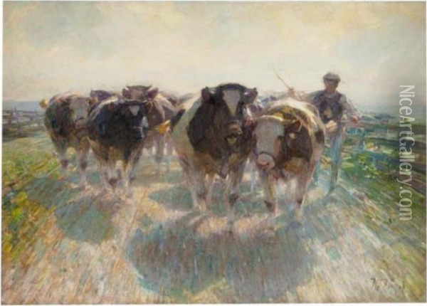Viehtrieb Auf Der Inselstrasse (driving The Cows) Oil Painting - Heinrich Johann Von Zugel