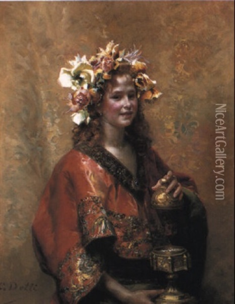 A Young Girl Holding A Chalice Oil Painting - Cesare Auguste Detti