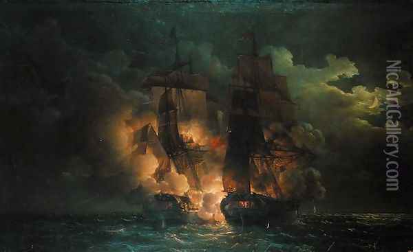 Battle Between the French Frigate Arethuse and the English Frigate Amelia in View of the Islands of Loz, 7th February 1813 Oil Painting - Louis Philippe Crepin