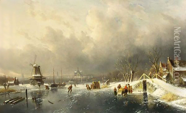 A Winter Landscape With Skaters, Haarlem In The Distance Oil Painting - Charles Henri Leickert