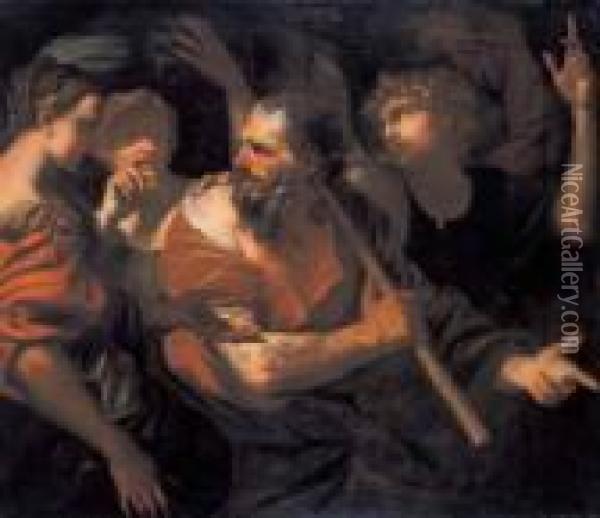 L'angelo Esorta Lot A Fuggire Con La Famiglia Da 
Sodoma E Gomorra Oil Painting - Domenico Piola