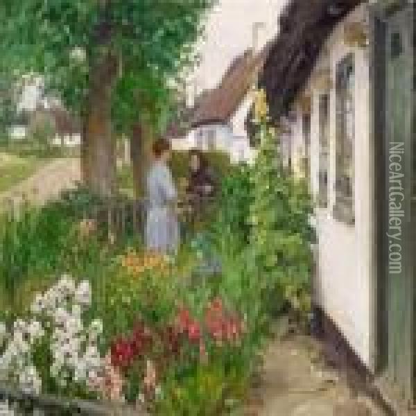 Two Women Inconversation In A Flowering Garden Oil Painting - Hans Anderson Brendekilde