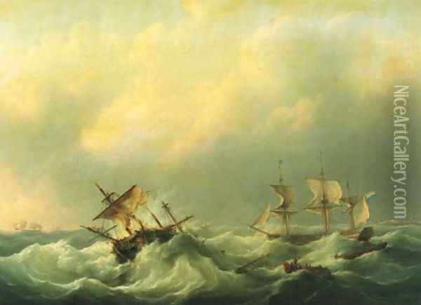 A Dutch brig comming to the aid of a frigat in distress Oil Painting - Martinus Schouman