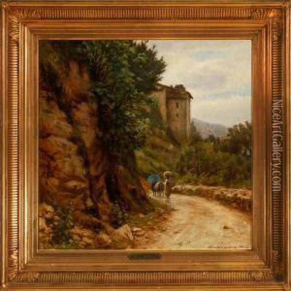 From A Mountain Road In Anticoli, Italy Oil Painting - Niels Frederik Schiottz-Jensen