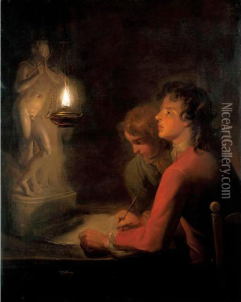 The Drawing Lesson: A 
Candlelight Study Of Two Boys, One Drawing A Statue Of A Boy Playing A 
Flute Oil Painting - Godfried Schalcken