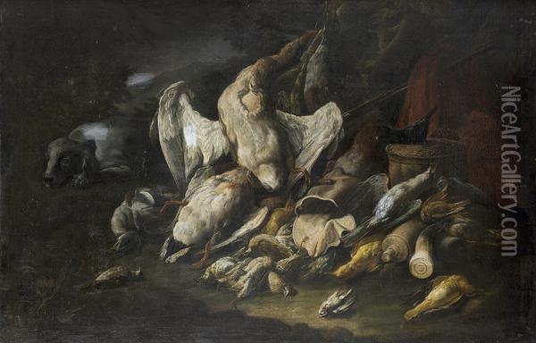 Trophee De Chasse D'oiseaux Surpris Par Un Chien Oil Painting - Johannes Hermans