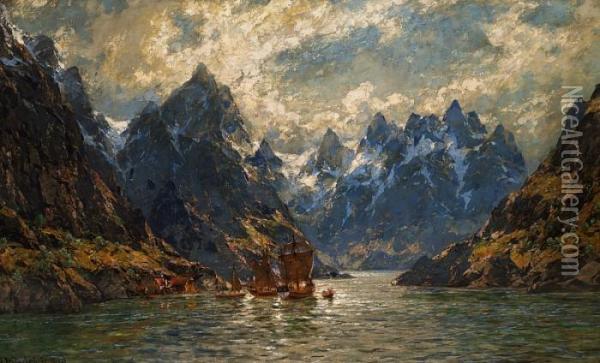 A Norwegian Fiord With Ships At A Bridge Oil Painting - Carl August H. Oesterley