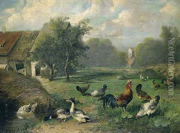 Duck and poultry by a pond Oil Painting - Julius Scheuerrer