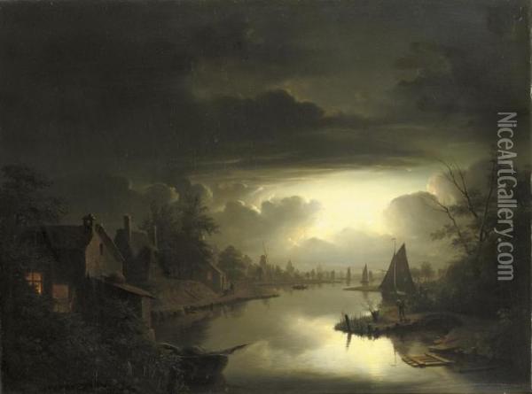 Maaneffect: A Dutch Riverside-town By Nightfall Oil Painting - Petrus van Schendel