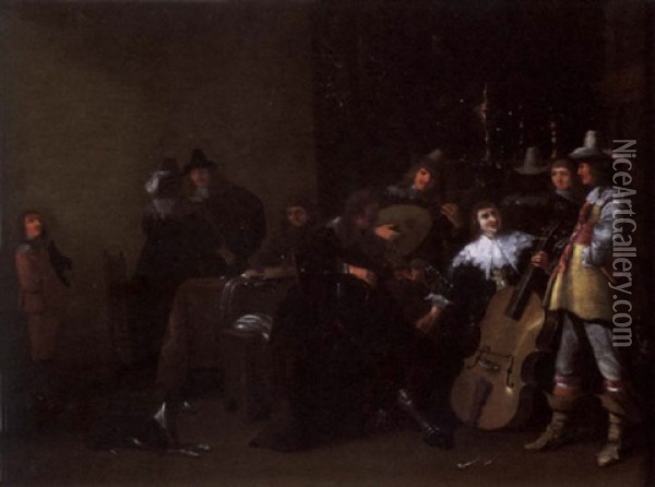 Elegant Company Making Music In An Interior Oil Painting - Abraham Van Westerveldt